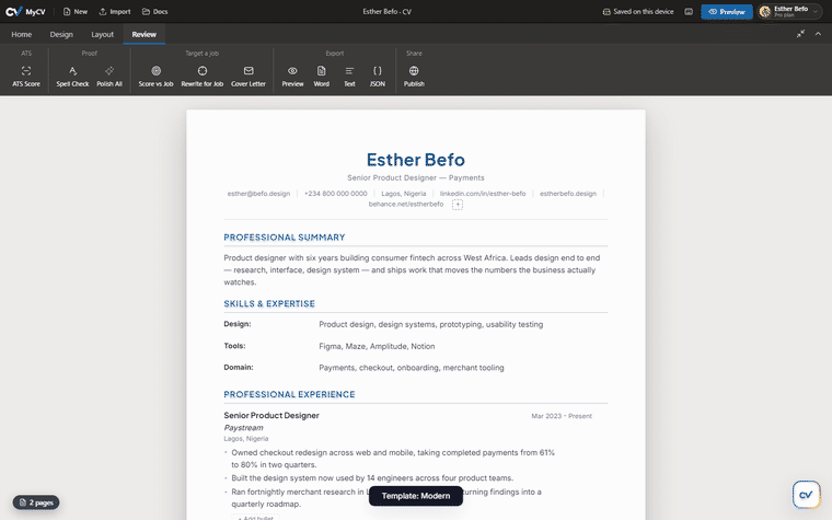 Running an ATS score check in MyCV