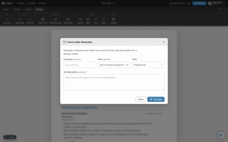 Generating a cover letter from a CV and a job description