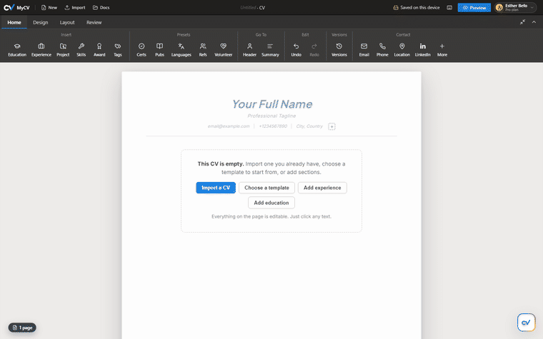 Pasting a plain-text resume and getting a structured CV back