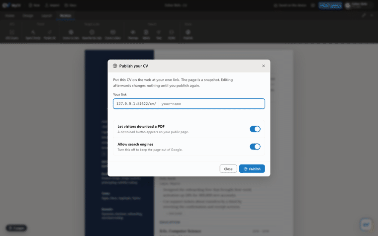 Publishing a CV to a public link and opening the live page