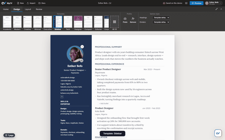 Switching between CV templates in the MyCV editor