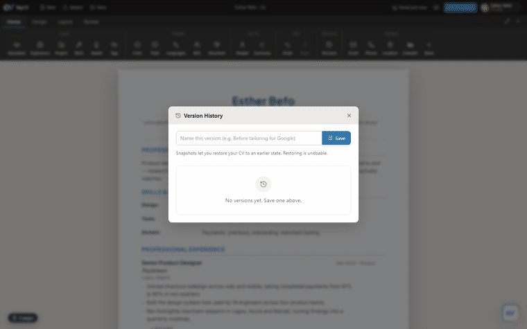 Saving named version snapshots of a CV