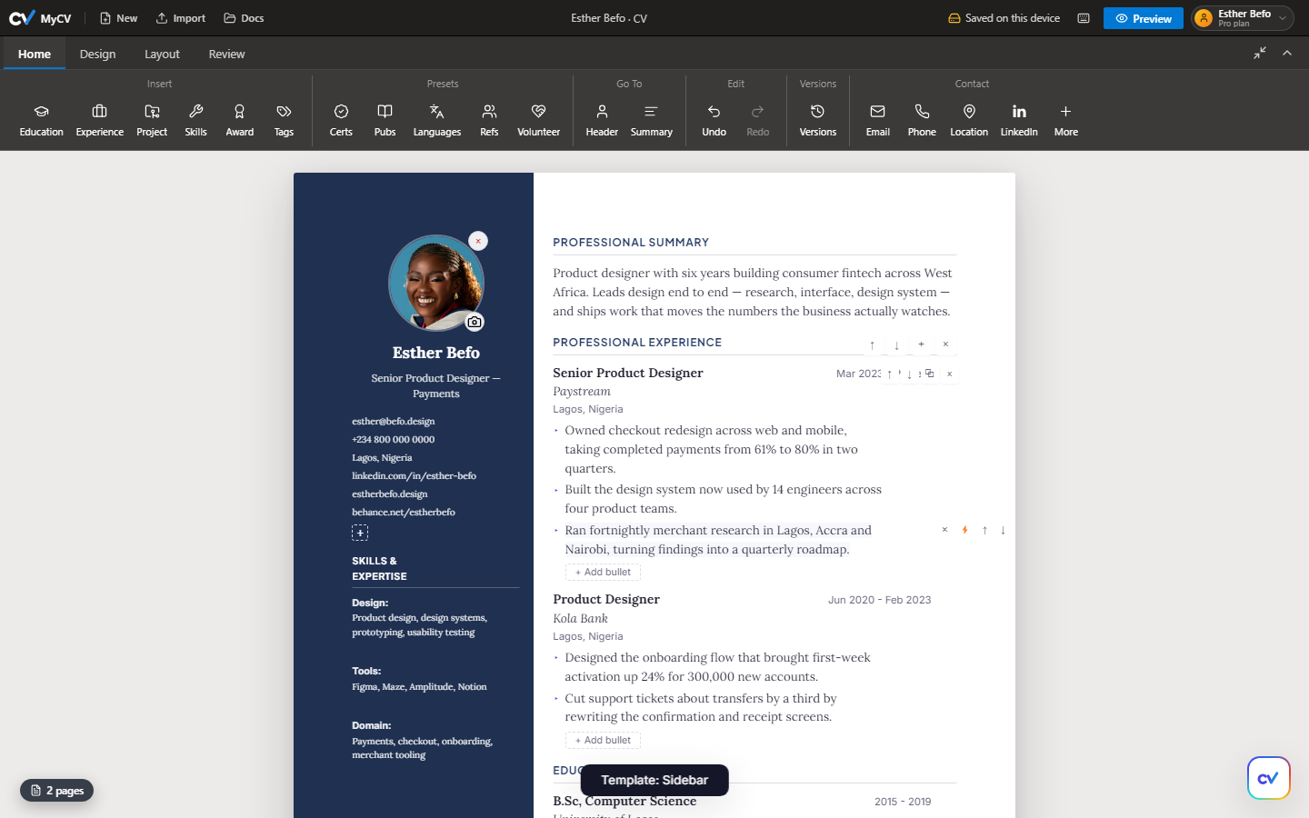 The MyCV editor with a CV open: import, tailor, then export or publish
