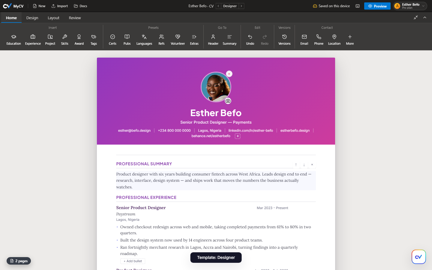 The MyCV editor: ribbon toolbar on top, live CV preview below